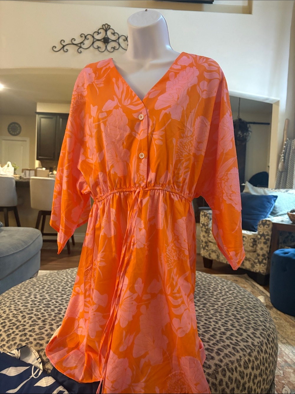 SHEIN Orange Dress with Pink Floral Print - Long Sleeve V-Neck